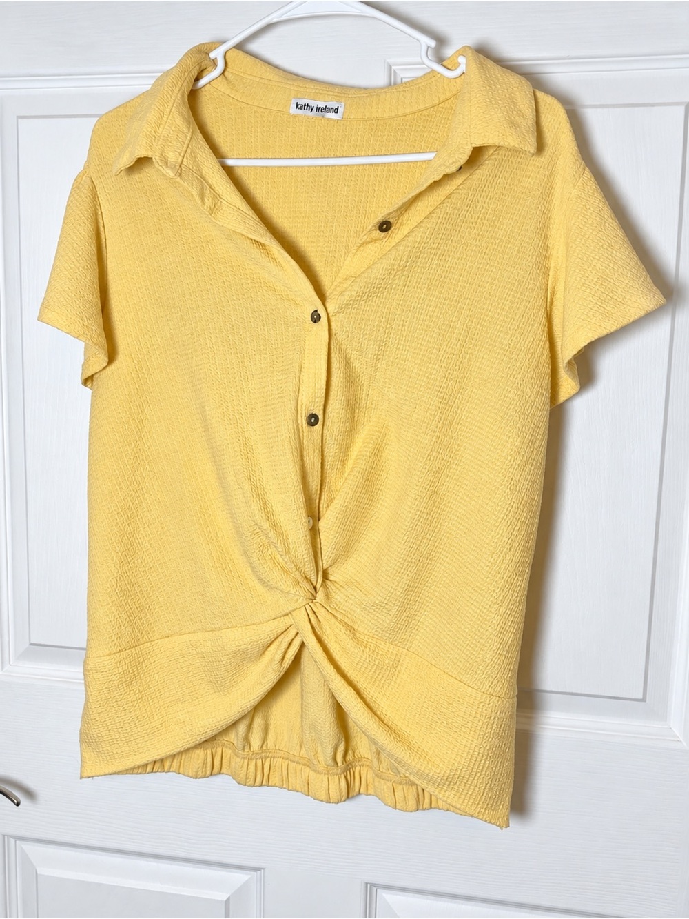 kathy ireland Soft Yellow Button-Front Twist Hem Top